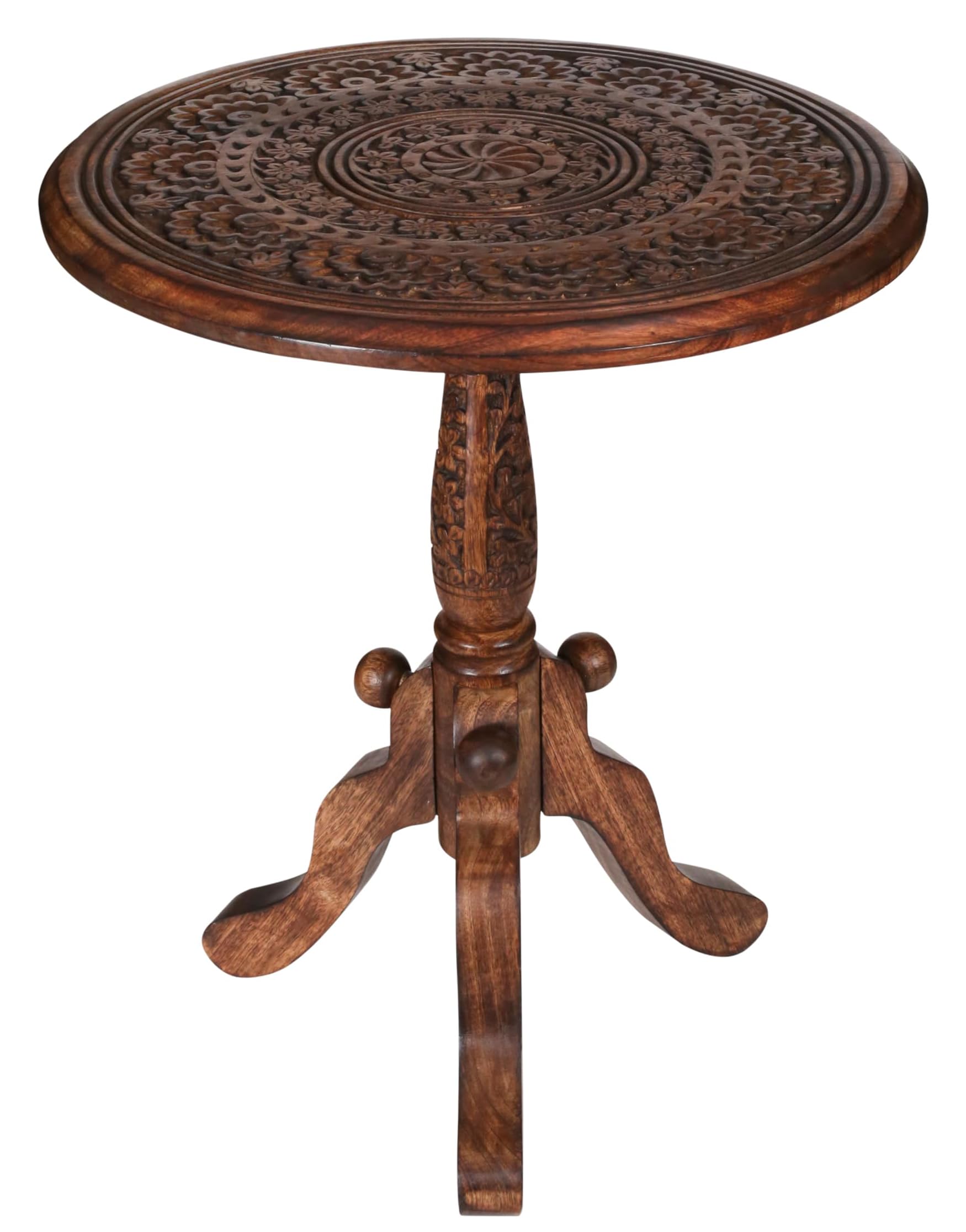 Wooden End Table for Living Room - 18x22 Burnt Finish Carved Side Table, Single Pillar Nightstand, Bedside Table for Books, Plants, Magazines, Small Space Accent Table