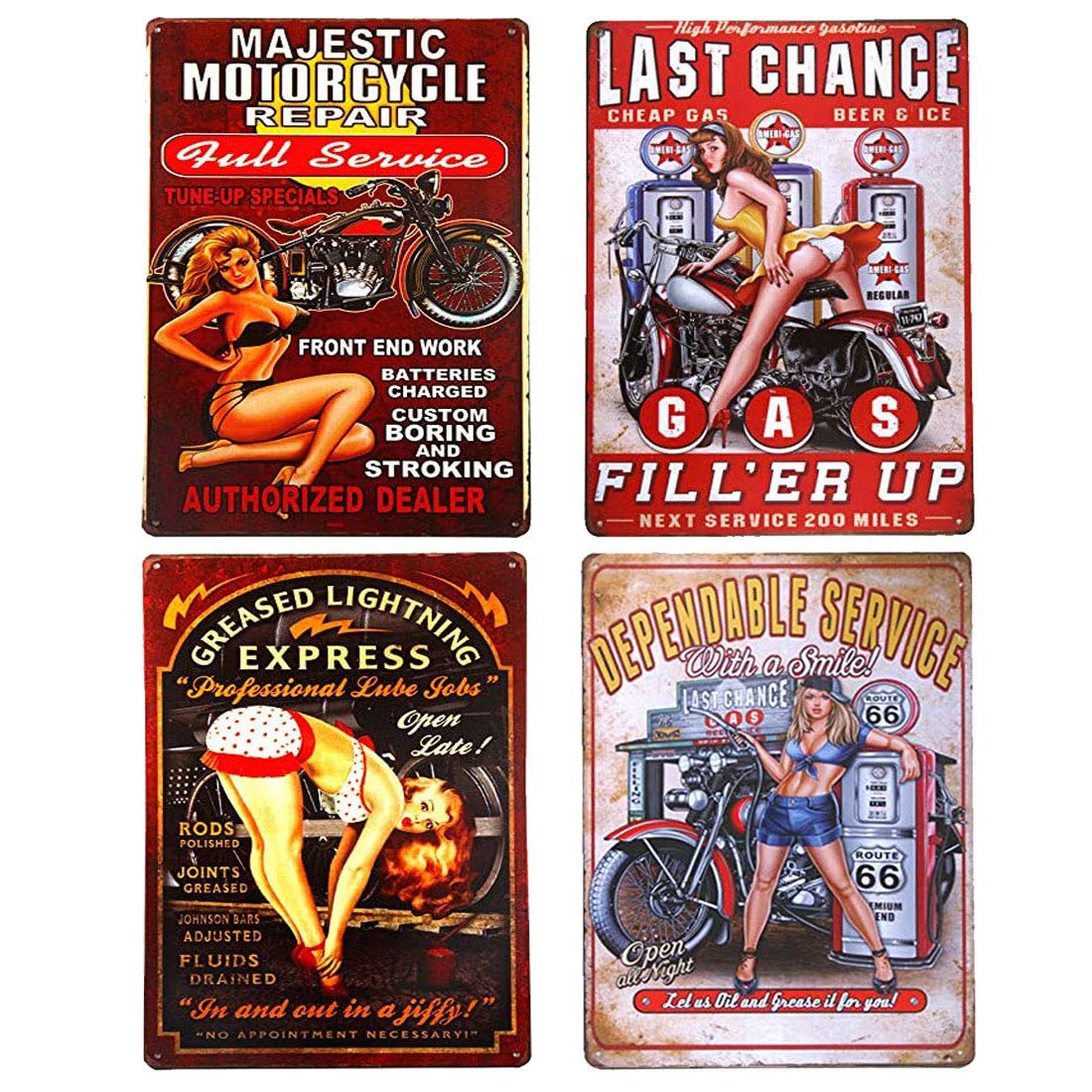 پوستر فلزی تعمیرگاه خودرو سرویس کامل موتور سیکلت ایستگاه گاز دختر پین‌آپ UOOPAI مسیر 66 روغن‌کاری شده تابلو قلع روستایی وینتیج دکور دیواری خانه بار گاراژ پلاک عتیقه مجموعه 4 عددی