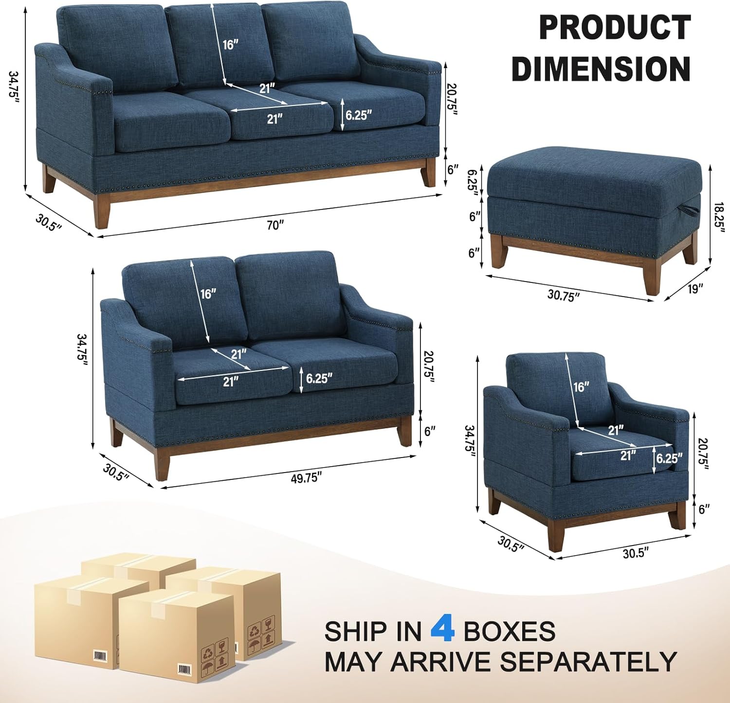 4-Piece Living Room Sofa Set with Coffee Table, Vintage Rivet Couch Sets with Solid Wood Legs, Chenille Sofas Furniture of Ottoman with Storage Space, Armchair, Loveseat and 3-Seat Sofa