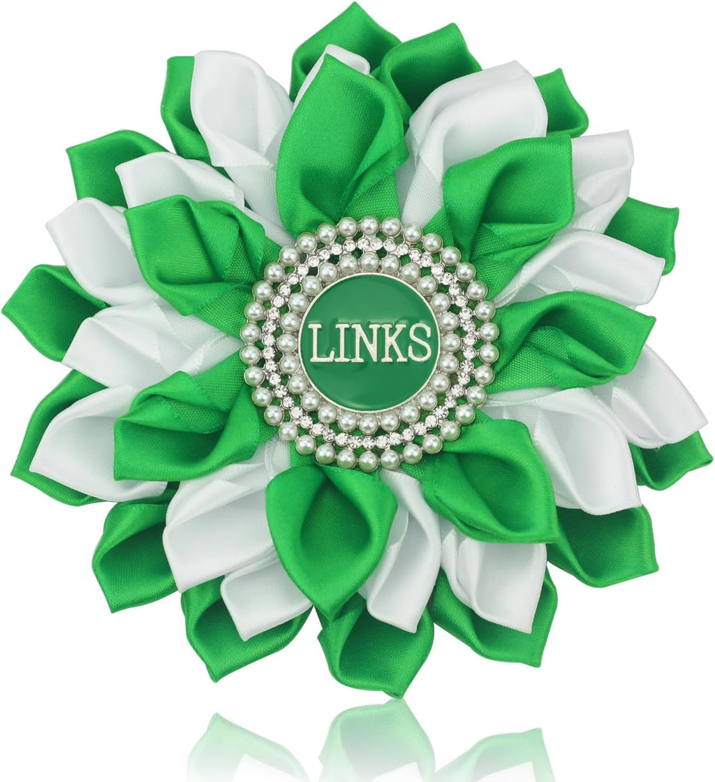 Greek Sorority Paraphernalia Gift Sorority Brooch Pin for Women White & Green Satin 5.5" Pearl Flower Pin