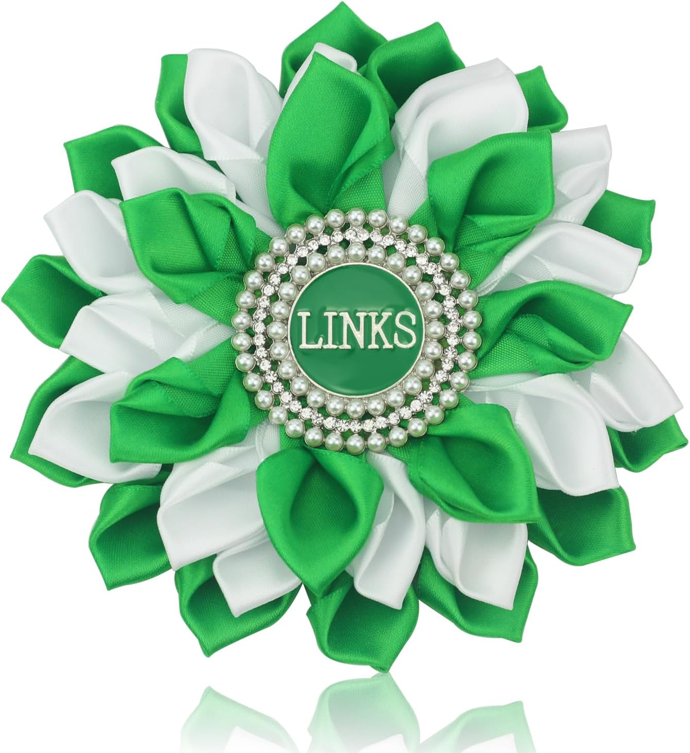 Greek Sorority Paraphernalia Gift Sorority Brooch Pin for Women White & Green Satin 5.5" Pearl Flower Pin