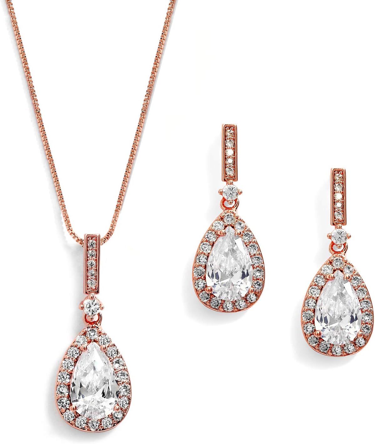 Mariell Rose Gold Bridal Wedding Necklace Earring Set, CZ Pendant and Drop Earrings for Bride, Bridesmaid
