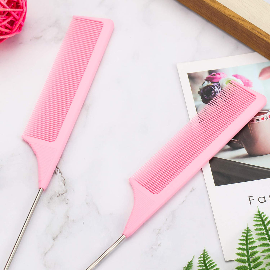 3 pakker rottehale kam stål nål rottehale kulfiber varmebestandige tease kamme med rustfrit stål rottehale (pink)