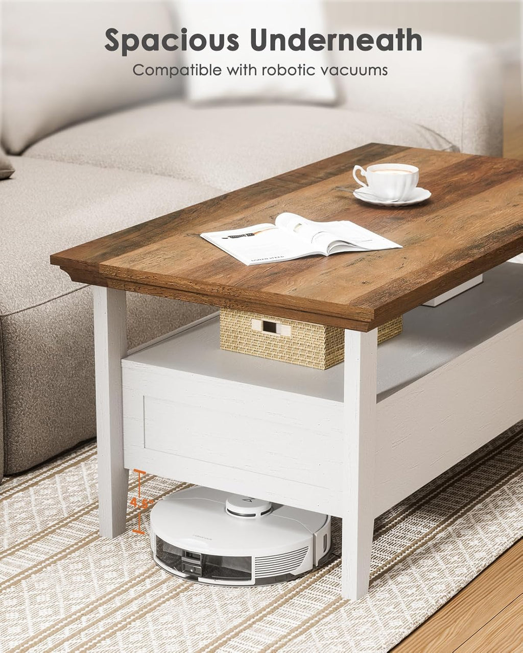 Amada Coffee Table for Living Room, 39.4" Small Coffee Table with Storage, Open Display Shelf and Hidden Drawers, Farmhouse Wood Center Table Ideal for Home Office, White and Oak