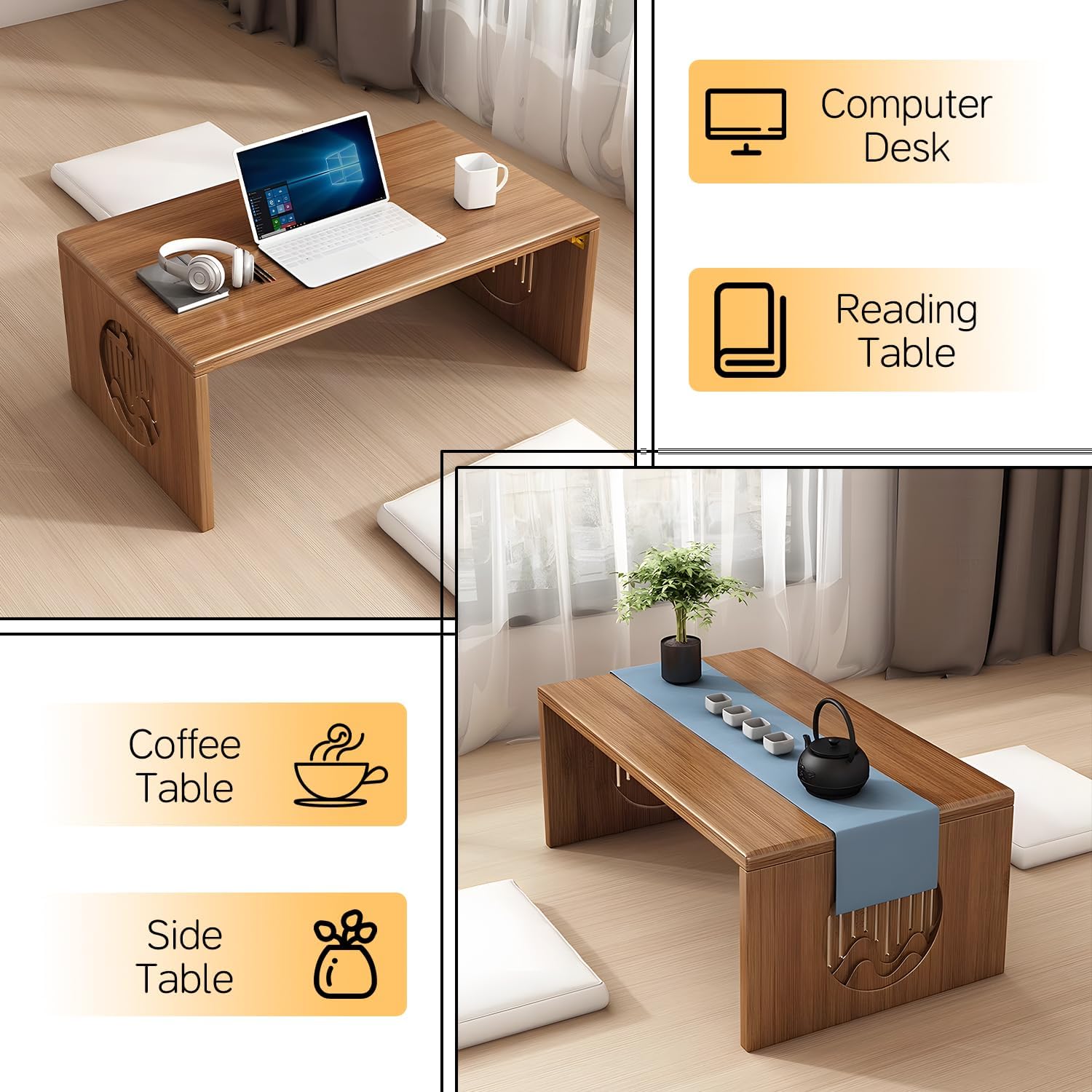Folding Floor Coffee Table, Japanes Bamboo Foldable Tables, Portable Living Room Low Dsk, Versatile Tatami Meditation Tea Table for Dining Room, Wooden Table Desk for Home, Office (100X37CM)