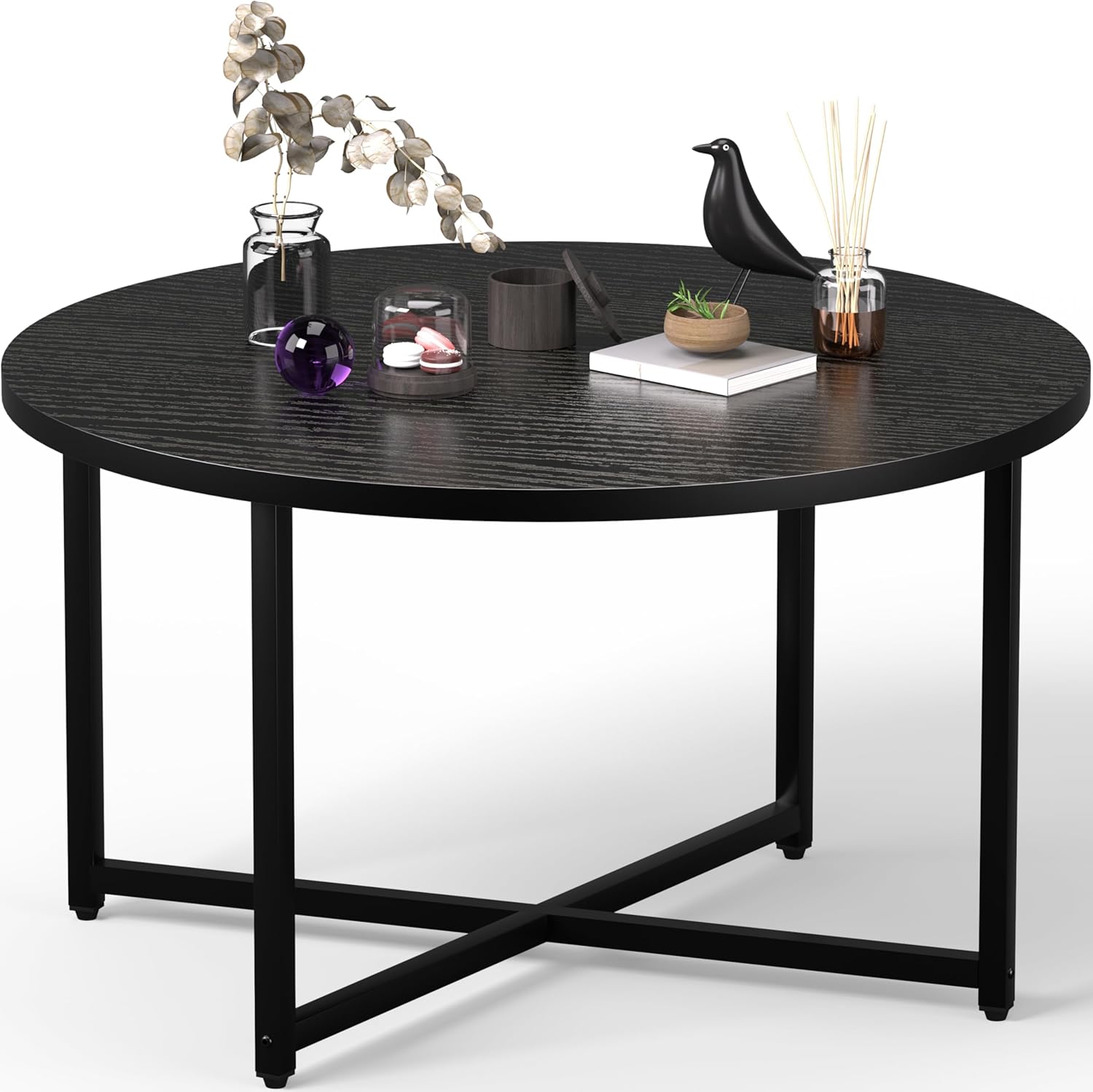 Round Coffee Table, Modern Design Living Room Tables for Indoor & Outdoor, Black Coffee Table for Family & Office Use, Outdoor Coffee Table Round, Large Black (31.5" D x 17.7" H)