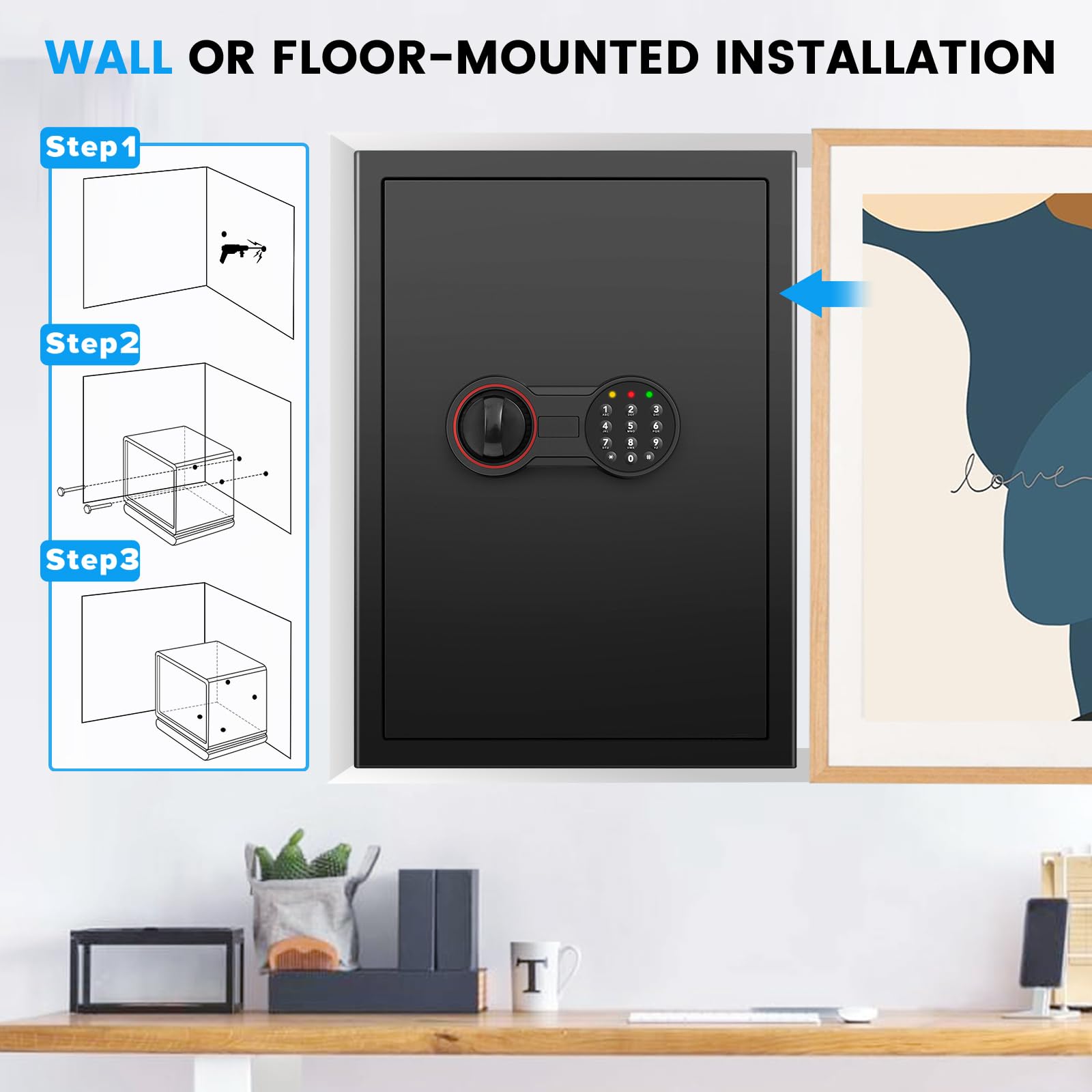 2,8 Kubik großer Heimtresor feuerfest wasserdicht, Stahltresor für Haussicherheit mit elektronischem Tastenfeld, Ersatzschlüsseln und Alarmsystem, feuerfester Tresor für Hausdokumente, Geld und Wertgegenstände