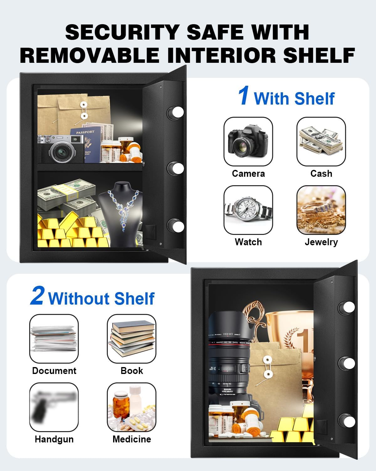 2.4 Cub Home Use Safe Box Fireproof Waterproof, Fire Proof Safe with Digital Keypad Sensor Light Key for Hotel Office Money Documents