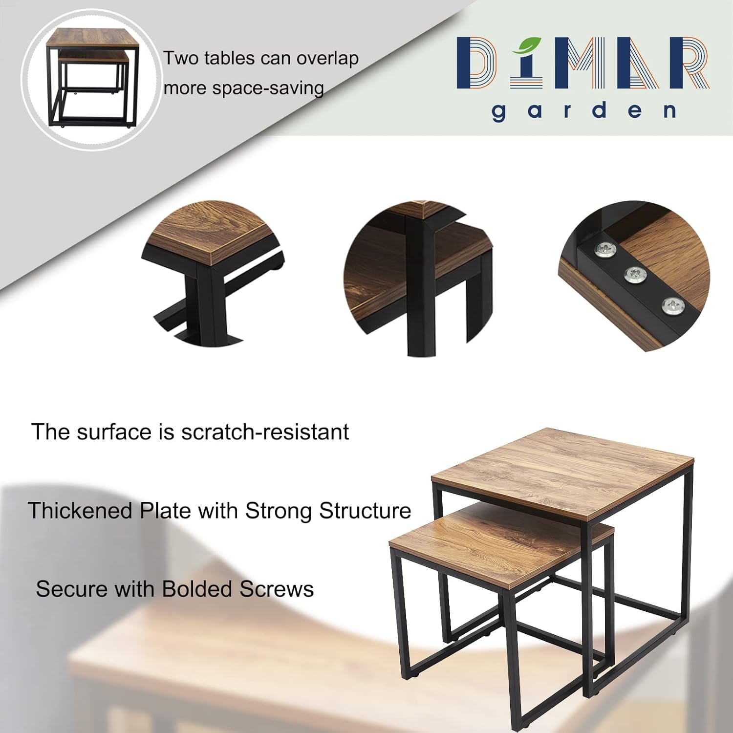 DIMAR GARDEN 2 Set Wood Nesting Coffee Tables,Side Table for Living Room,Steel Frame