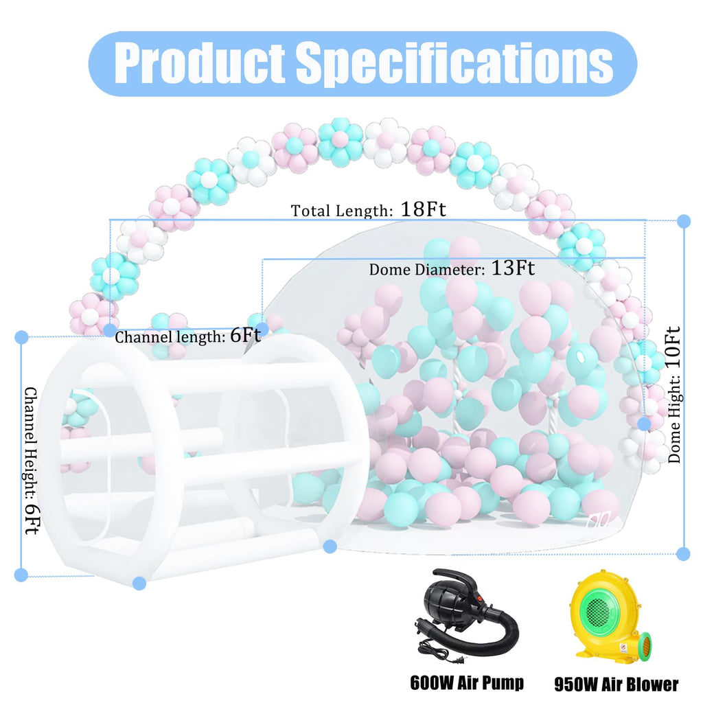 Aufblasbares Bubble-Haus für Kinder, 13 Fuß klarer aufblasbarer Ballon-Dom mit 6,5 Fuß langem Tunnel, Outdoor transparentes Bubble-Zelt aus PVC in Gewerbequalität mit 950W Gebläse & 600W Luftpumpe für Party, Garten