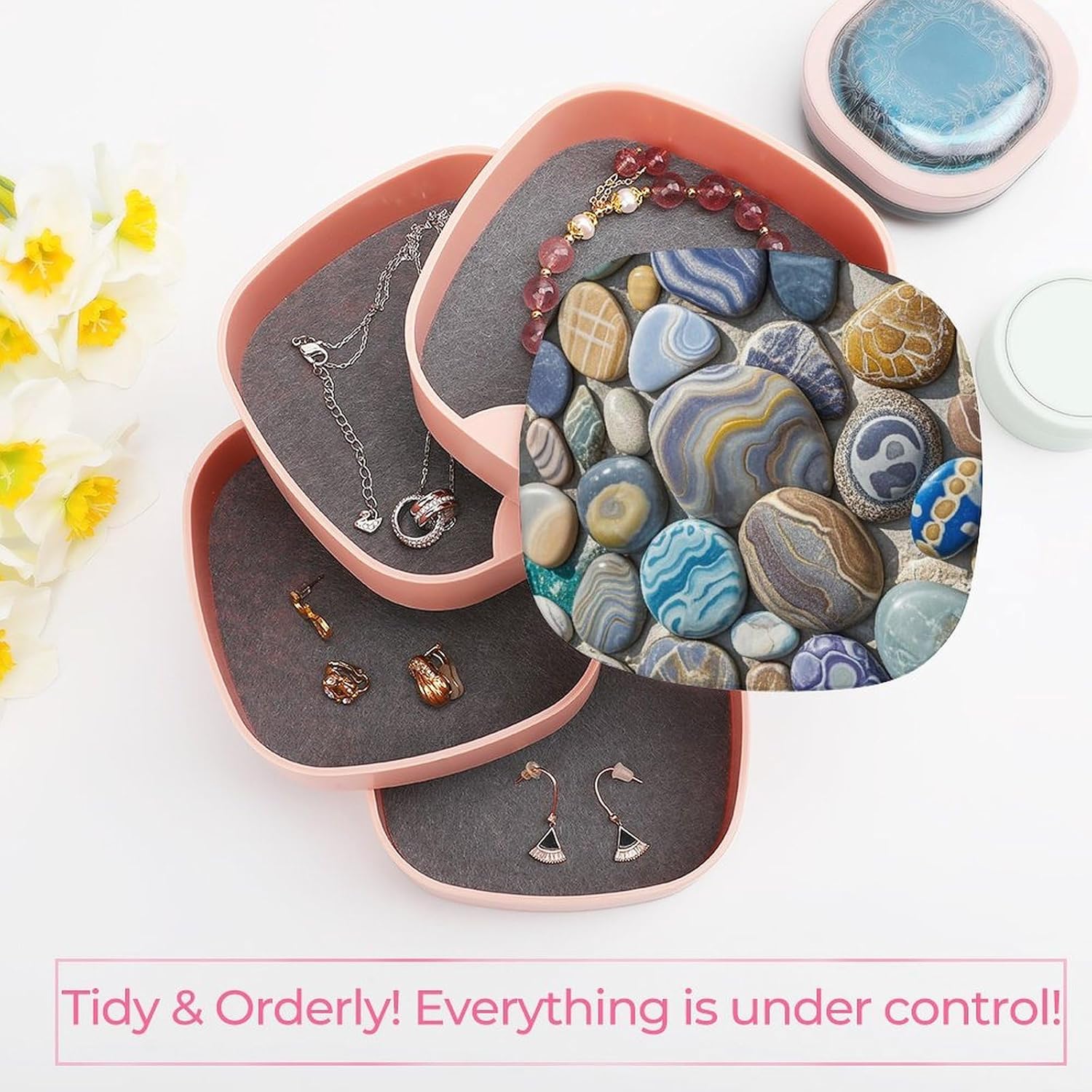 Jewelry Organizers Petoskey Stone Rotatable Jewelry Boxes 4-Layer Earring Holder for Women Travel Jewelry Case Organizer Tray for Rings Bracelets Necklaces Earrings Gifts