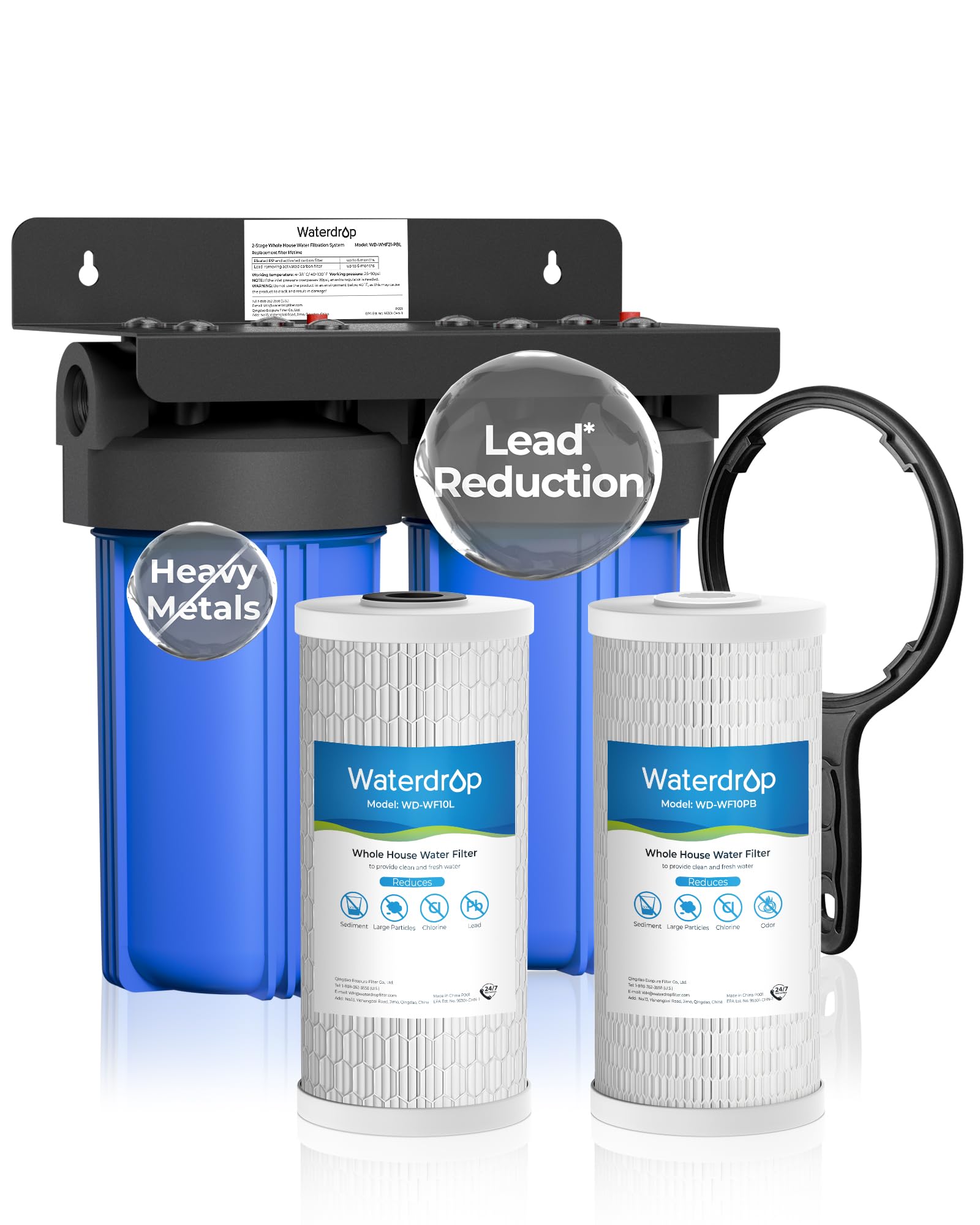 Waterdrop Whole House Water Filter System, with Carbon Filter and Sediment Filter, 5-Stage Filtration, Highly Reduce Lead, Chlorine, Odor and Taste, 2-Stage 5 Micron WD-WHF21-PG, 1" Inlet/Outlet