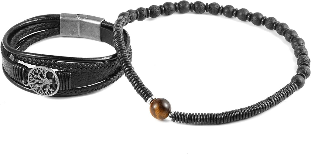 HZMAN Genuine Leather Tree of life Bracelets Men Women, Tiger Eye Natural Stone Lava Rock Beads Ethnic Tribal Elastic Bracelets Wristbands