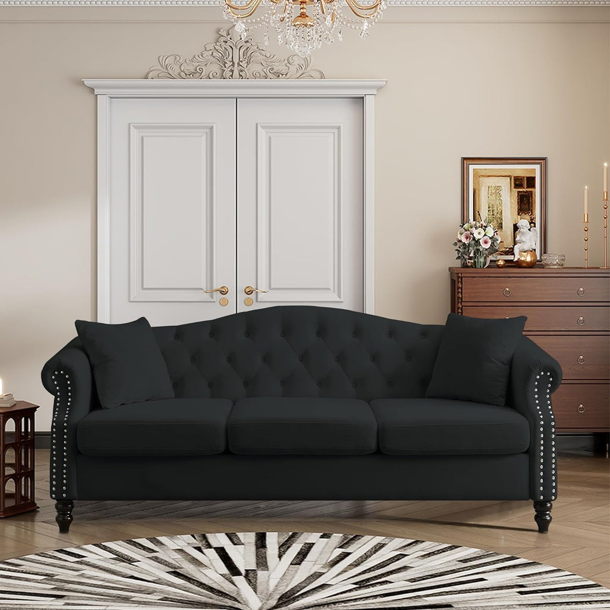 79" Chesterfield Velvet 3-Seater Sofa for Living Room,Tufted Couch with Rolled Arms Nailhead and Two Pillows for Living Room, Bedroom