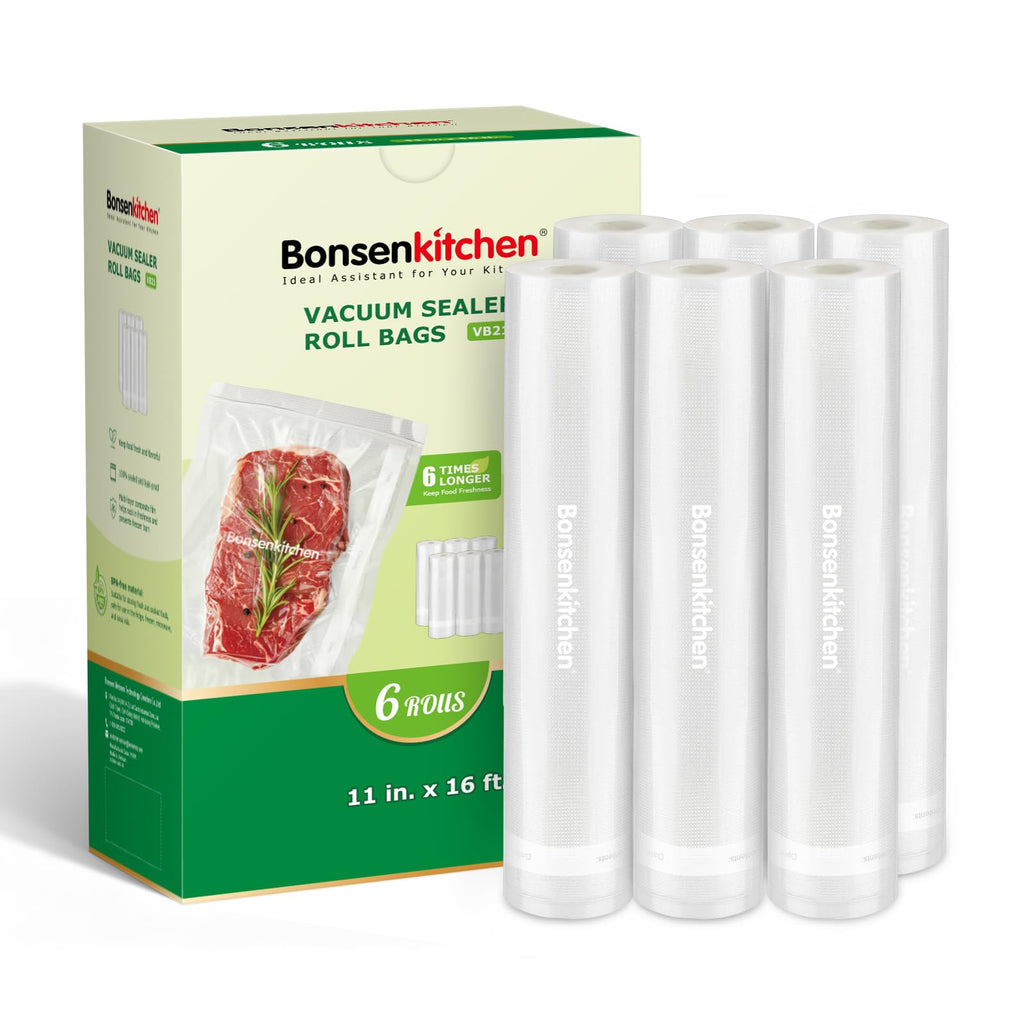 Bonsenkitchen Vacuum Sealer Rolls Bags, 6 Pack 3 Rolls 11" x 20' + 3 Rolls 8" x 20' Commercial Grade BPA Free Bag Rolls, Durable Customized Size Food Vac Bags for Storage and Sous Vide Cooking VB3211