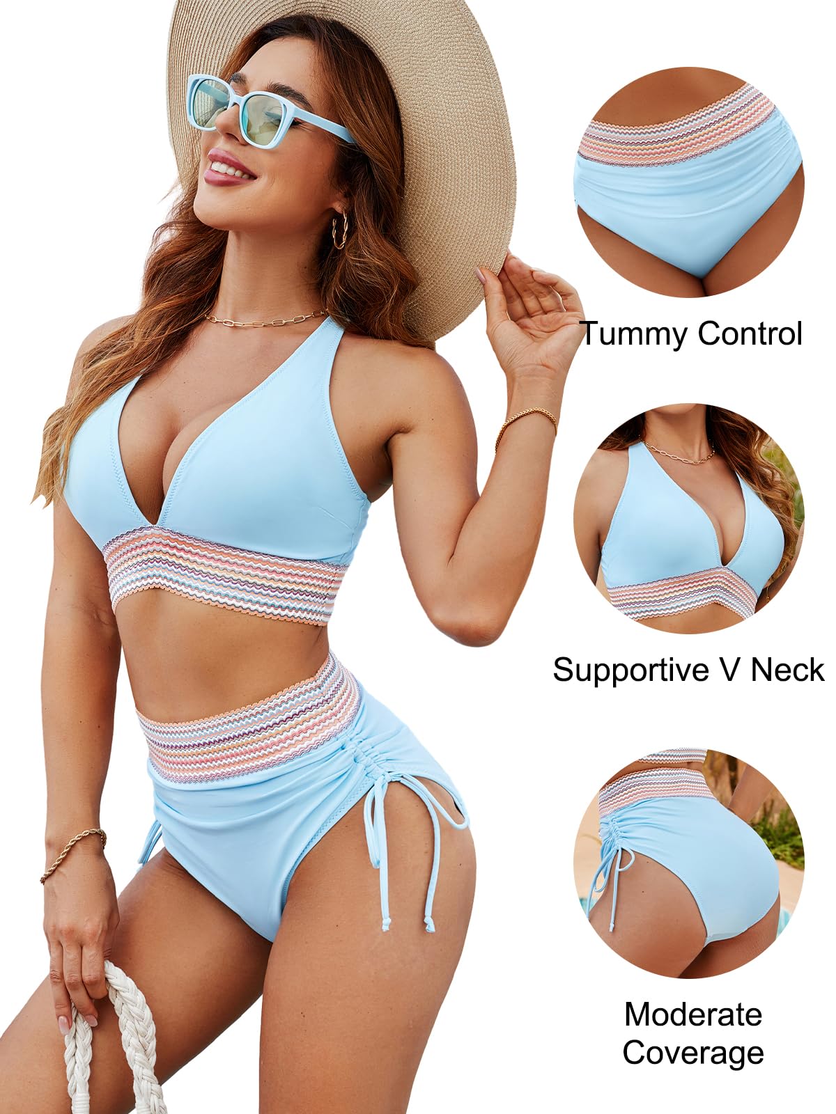 Blooming Jelly Womens High Waisted Bikini Tummy Control Swimsuits Two Piece Drawstring Bathing Suit (M, Blue)