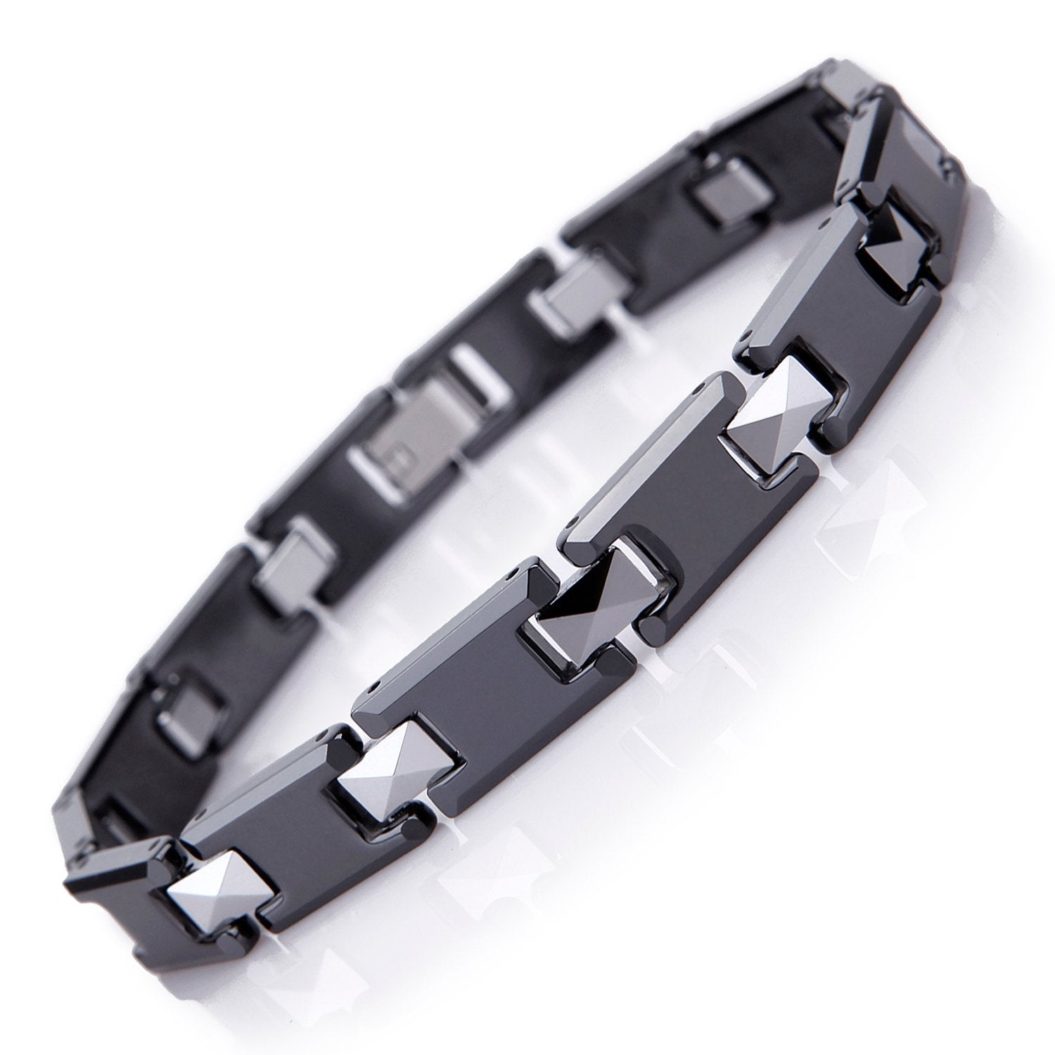Urban Jewelry Stunning Solid Tungsten Link Bracelet for Men Polished Link, Puzzle, Ceramic Style (Silver, Black, 18K Gold Plated Option)