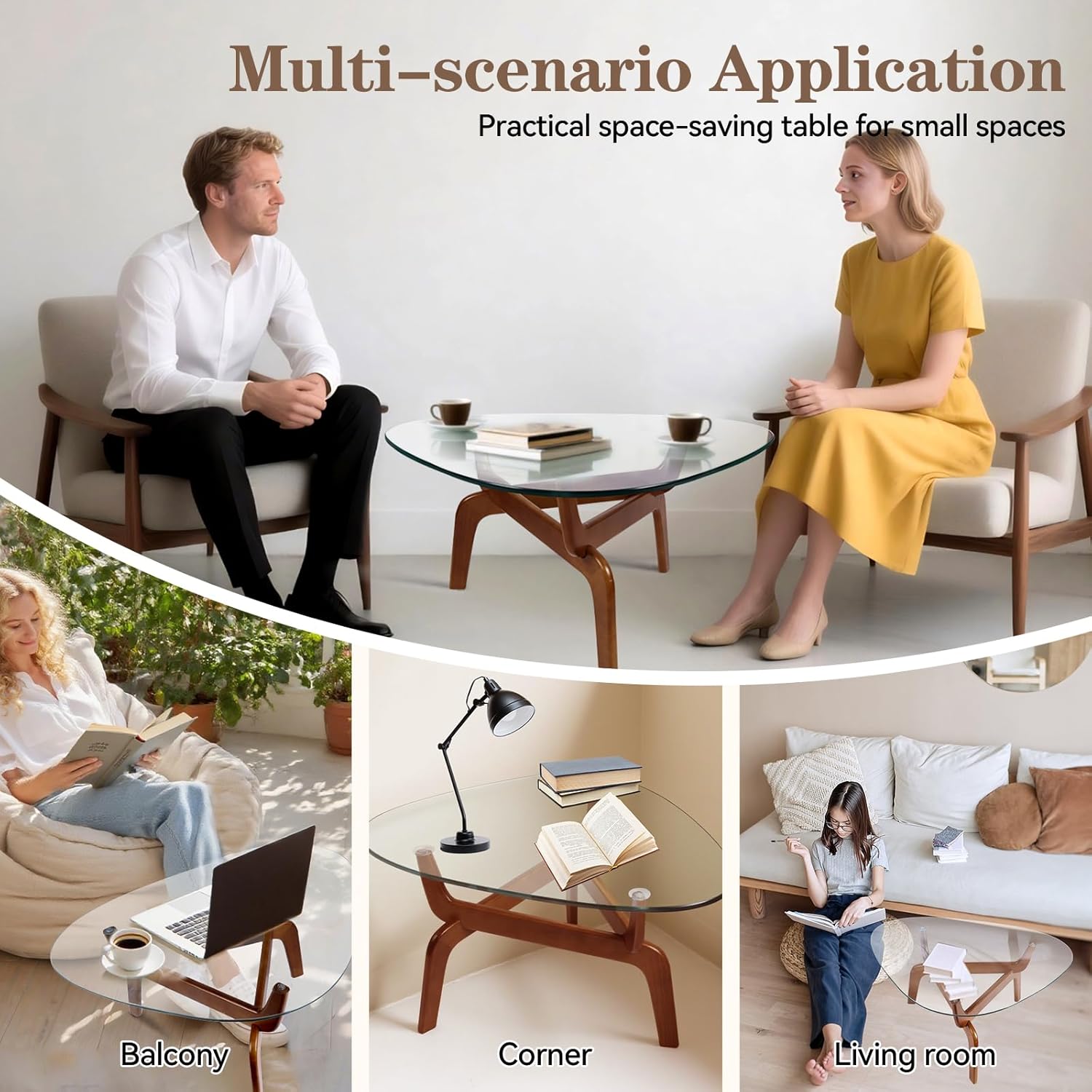 Glass Coffee Tables for Living Room, Triangle Coffee Table with Non-Tip Rubber Wood Base, Morden Tea Table with Tempered Glass Top | Perfect for Homes with Kids/Pets, Office, Apartment (Brown)