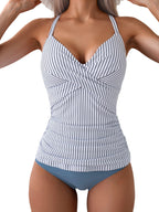 B2prity Women's Ruched Tankini Swimsuits V Neck Wrap Tie Back Two Pieces Swimwear Tummy Control Bathing Suit (Blue Striped)