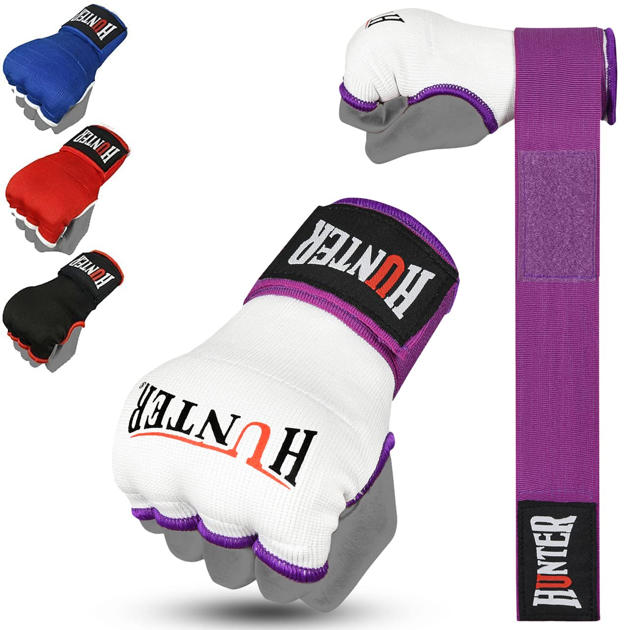 HUNTER Gel Padded Inner Gloves with Hand Wraps for Boxing, Quick Elastic Training Wraps for Men & Women, Muay Thai MMA Kickboxing Martial Arts Knuckle Wrist Protector (Pair)