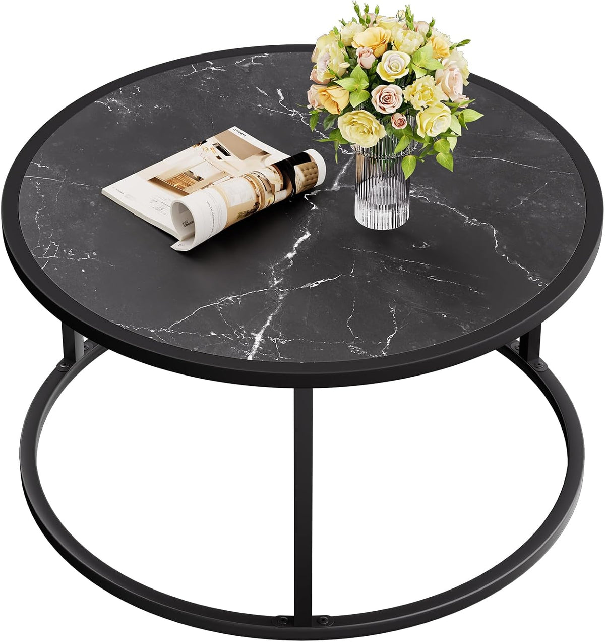SAYGOER Black Coffee Table Round Marble CoffeeTables for Living Room Modern Small Center Table with Metal Frame, 27.6 * 27.6 * 17.7, Faux Marble
