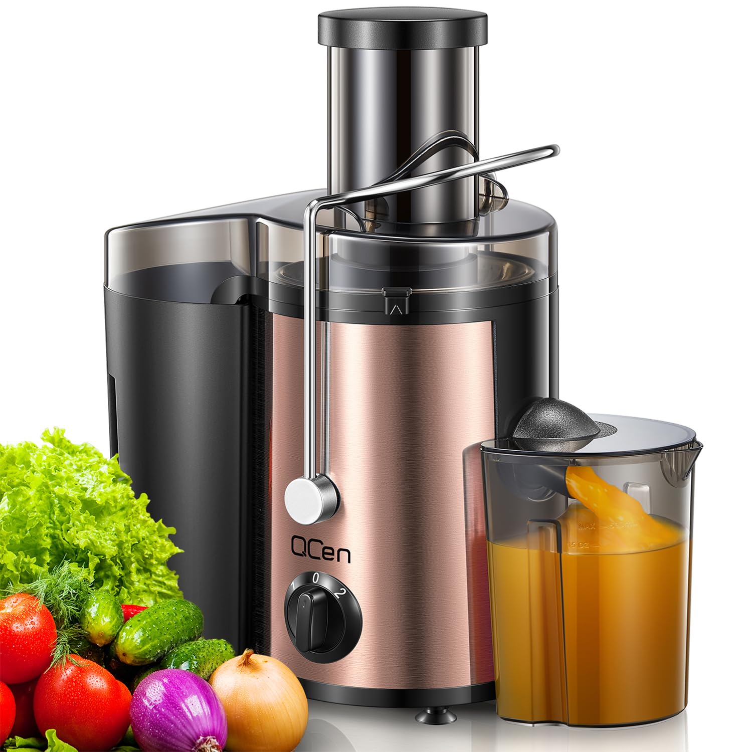 QCen Juicer Machine, 500W Centrifugal Juicer Extractor with Wide Mouth 3” Feed Chute for Fruit Vegetable, Easy to Clean, Stainless Steel, BPA-free (Aqua)