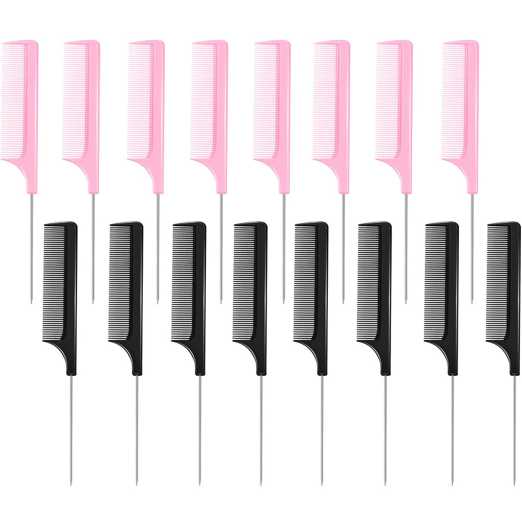 16 Pcs Rat Tail Comb Foiling Steel Pin Rat Tail Fiber Heat Resistant Teasing Combs with Pintail for Women Girls Hair Styling(Black and Pink)