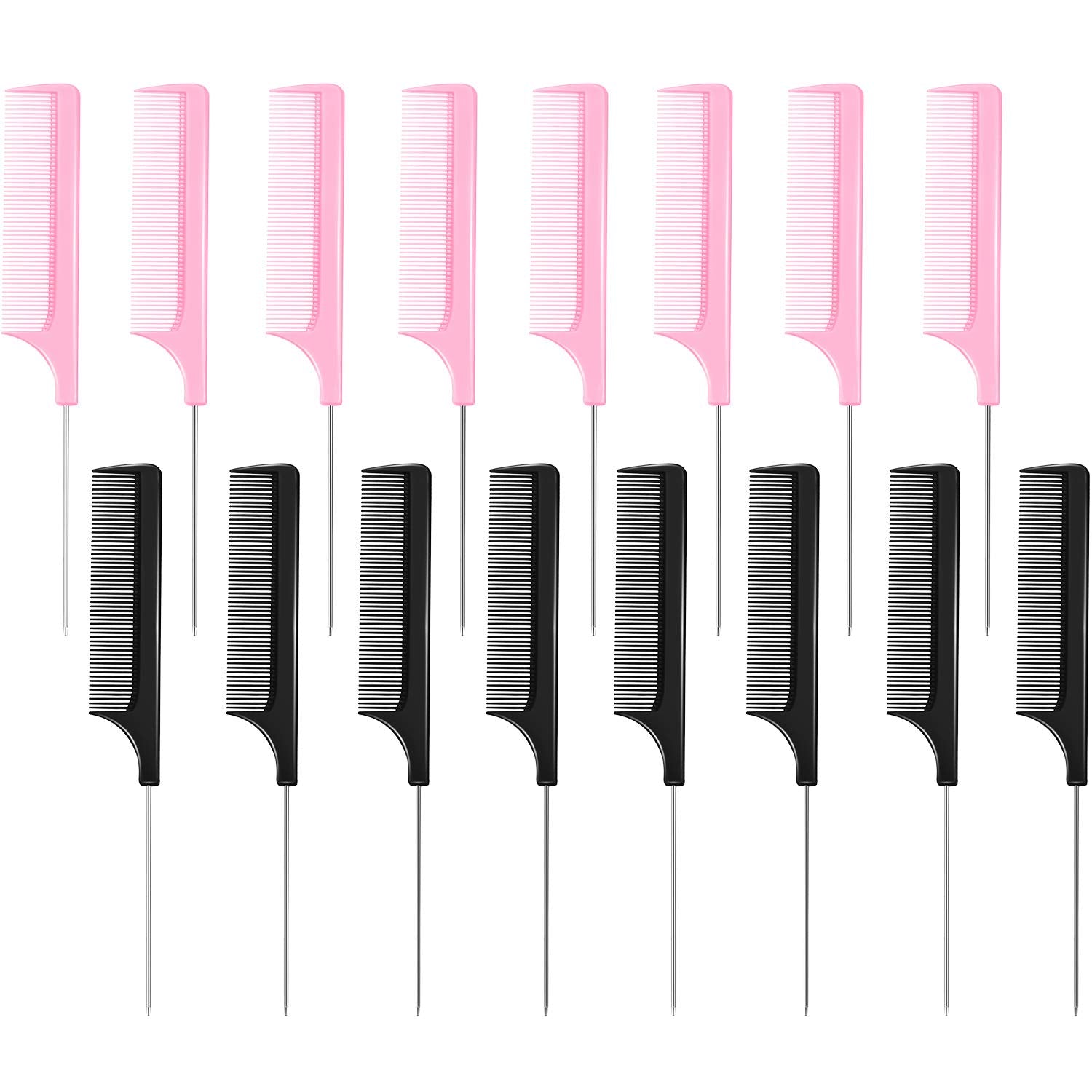 16 Pcs Rat Tail Comb Foiling Steel Pin Rat Tail Fiber Heat Resistant Teasing Combs with Pintail for Women Girls Hair Styling(Black and Pink)
