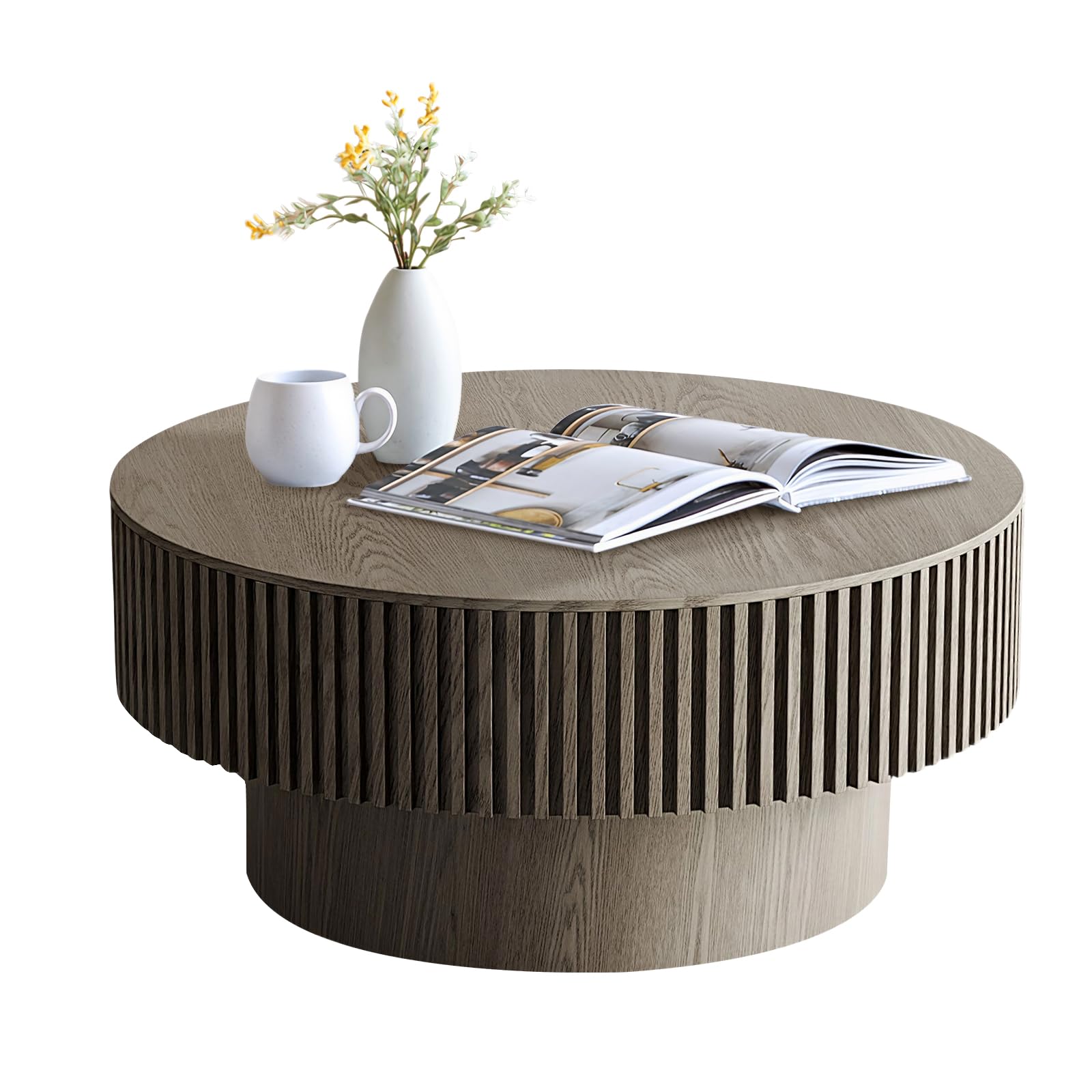 LKTART Round Coffee Table for Living Room, Accent Fluted Drum Coffee Table with Storage, Modern Solid Wood Veneered Circle Center Tea Table for Small Space Apartment (31.5''D×14''H-Natural)