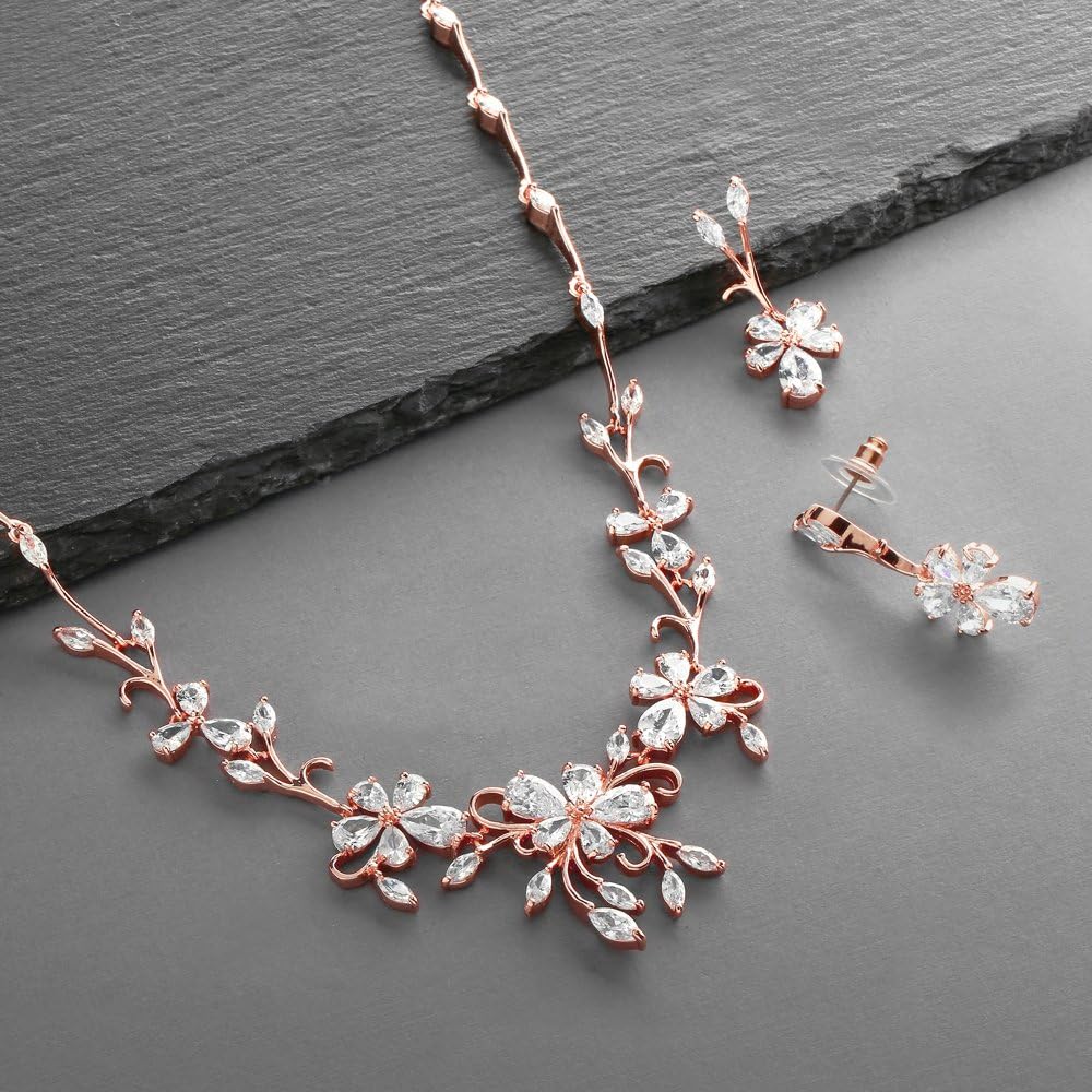 Mariell Elegant Cubic Zirconia Crystal Floral Vine Rose Gold Necklace and Earrings Set, Blush Gold CZ Jewelry Set for Weddings, Brides & Formals