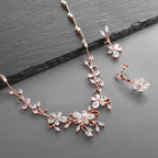 Mariell Elegant Cubic Zirconia Crystal Floral Vine Rose Gold Necklace and Earrings Set, Blush Gold CZ Jewelry Set for Weddings, Brides & Formals