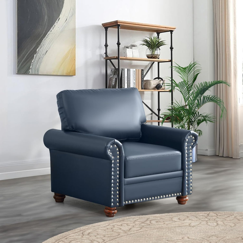 3 Piece Faux Leather Sofa Set,Mid Century Modern Couch and Loveseat Sets with Storage,Comfy Deep Seat Sofa with Nailhead Trim & Rolled Arm for Living Room,Office(Armchair+Loveseat+3 Seater,Navy Blue)