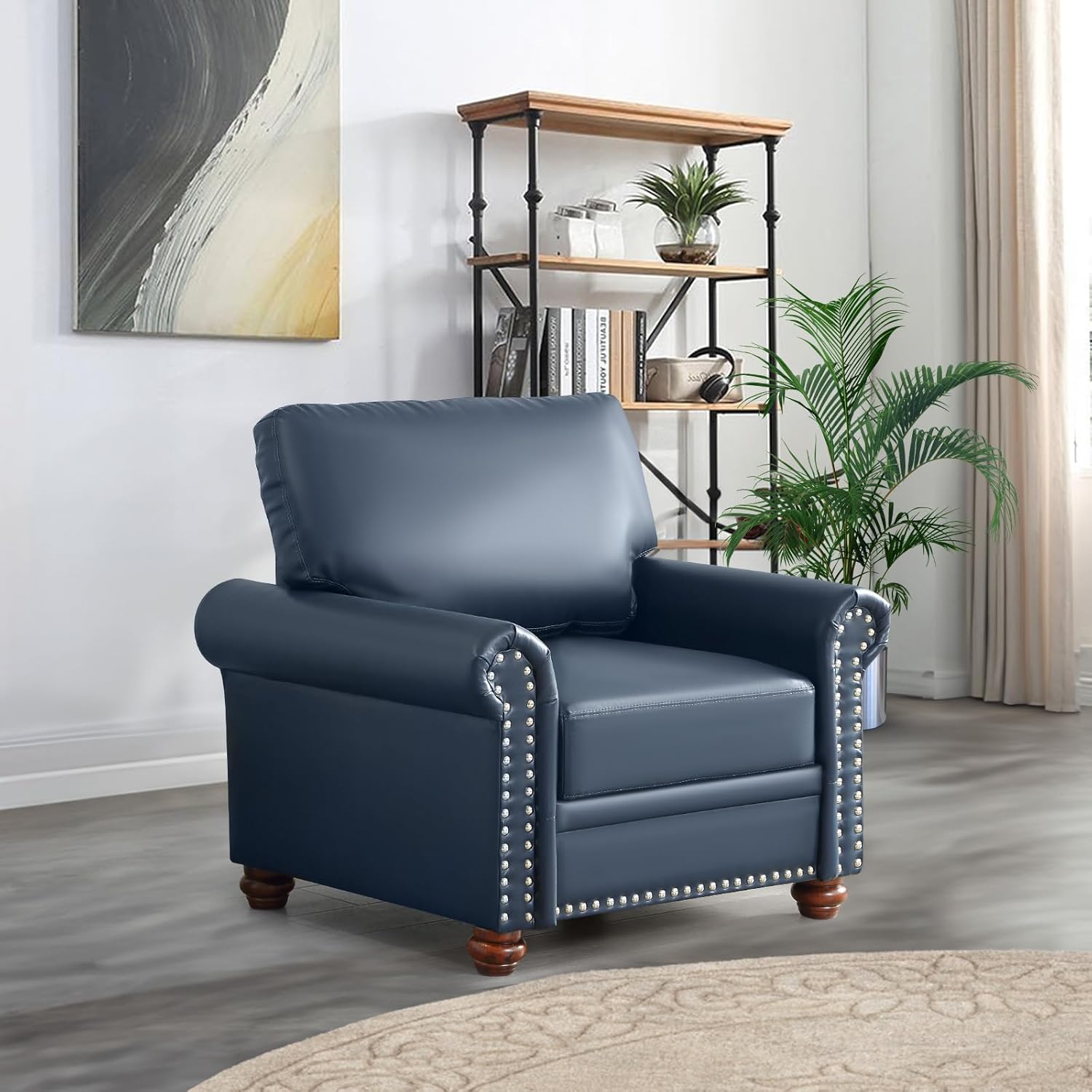 3 Piece Faux Leather Sofa Set,Mid Century Modern Couch and Loveseat Sets with Storage,Comfy Deep Seat Sofa with Nailhead Trim & Rolled Arm for Living Room,Office(Armchair+Loveseat+3 Seater,Navy Blue)