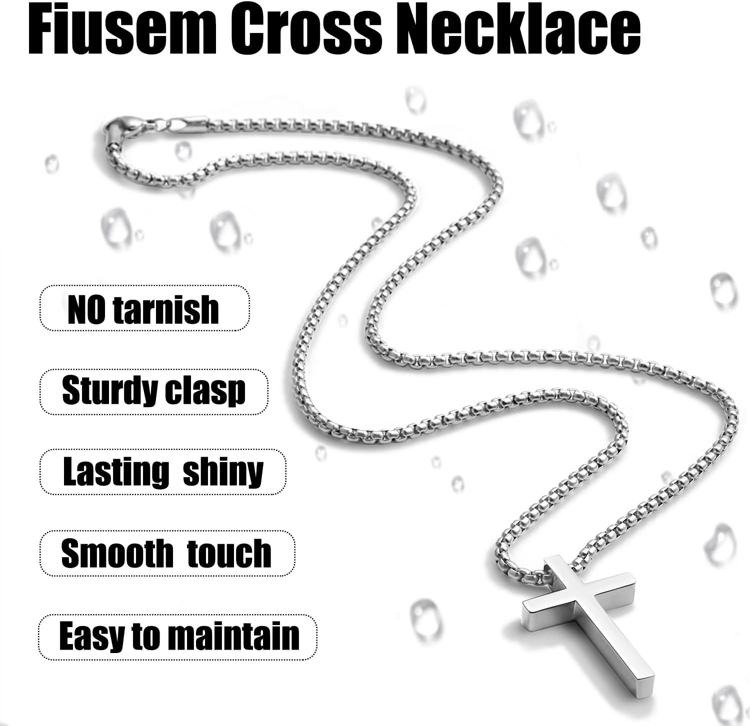 Fiusem Cross Necklace for Men, Silver/Gold/Black Mens Cross Necklaces with 2.5mm Cross Chain and Stainless Steel Cross Pendant, Box Chain 16-24 Inch
