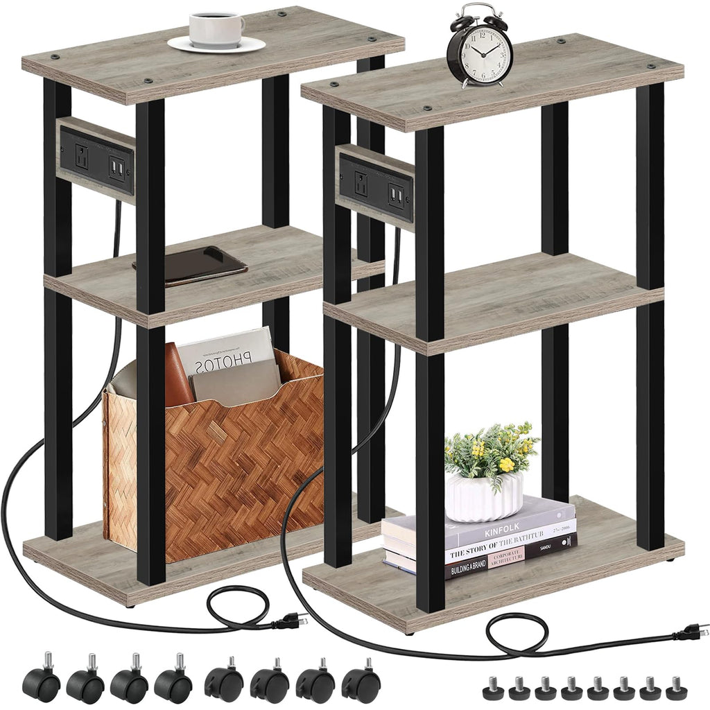 TUTOTAK Small Narrow Side Table with Charging Station, Skinny End Table for Small Spaces, Slim Nightstand with USB Ports and Outlet, Sofa Beside Table with Wheels, Brown TB01BB046