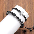 2 pcs Cross Beaded Bracelets for Men,8mm Black Obsidian Tiger eyes Hematite Mens Triple Protection Bracelet Set Fathers Day Birthday Jewelry Gifts