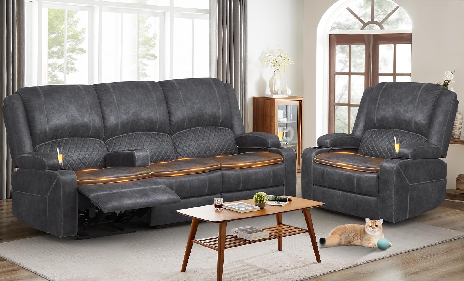 3 Seater Recliner Sofa Set with 2-Tier Cushion, 3+1 Pieces in Living Room, 3 Seater Reclining Couch Leather with Removable Console, 1 Oversize Recliner Chair Sofa Seat