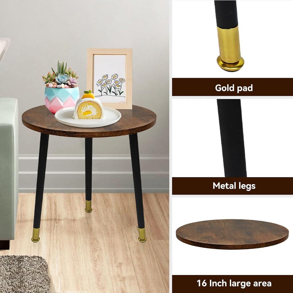 Round Side Table for Small Spaces-16inch Brown Wood Top & Black Metal Tri-Leg Accent Table, Rustic Modern Nightstand End Table for Bedroom, Living Room, Balcony - Easy Assembly Farmhouse Decor