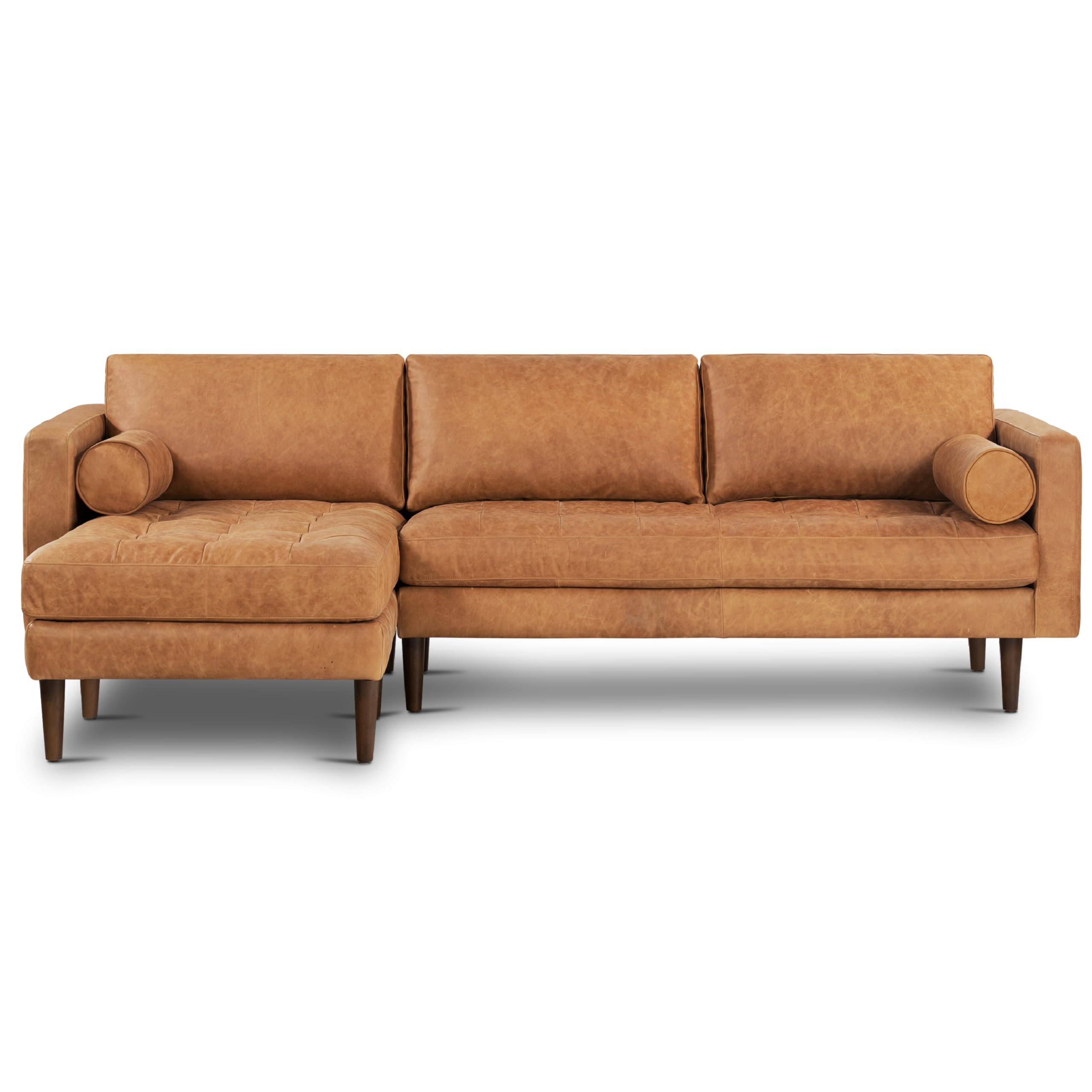 POLY & BARK Napa Leather Couch – Right-Facing Sectional Leather Sofa - Tufted Back Full Grain Leather Couch with Feather-Down Topper On Seating Surfaces – Pure-Aniline Italian Leather – Cognac Tan