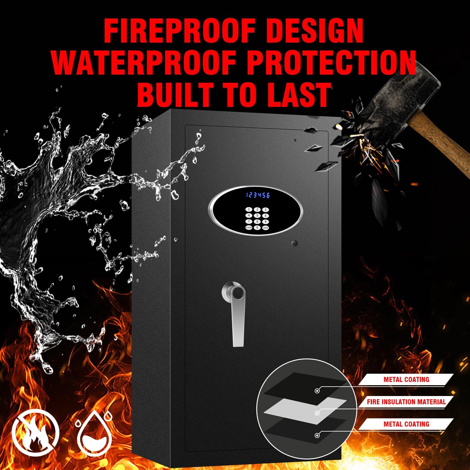 ToruKeep 9.0 Cuft Heavy Duty Home Safe Box Fireproof Waterproof, Extra Large Fire Proof Safe for Home Documents Business Office Use, Anti-Theft Digital Safety Box with Light, Removable Shelf, Handle