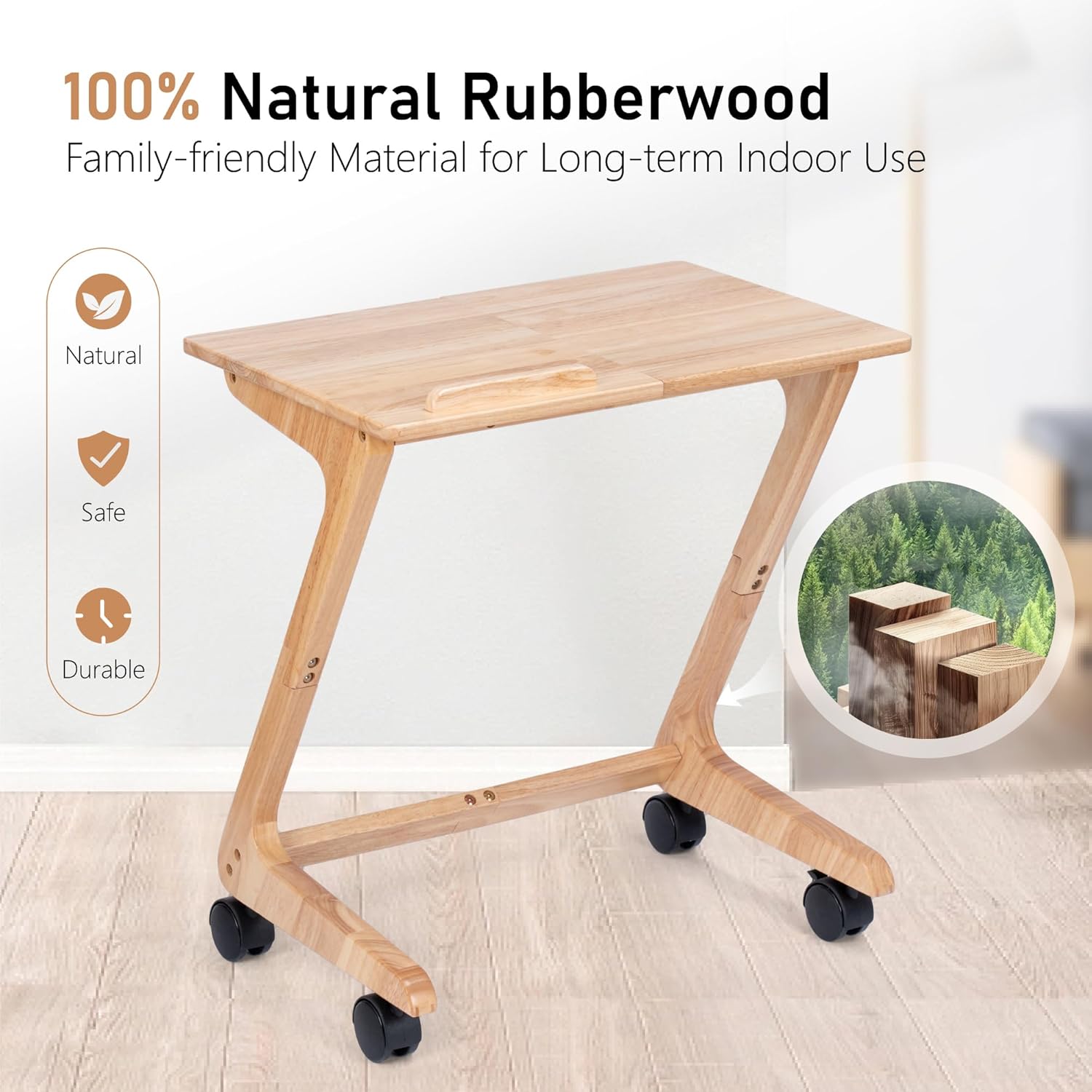 TV Tray Table, TV Dining Table with Casters for Small Spaces, Solid Wood End Table, Sofa Couch Side Table Removable Snack Tray for Coffee Bed Sofa Eating Writing Reading Living Room Bedroom