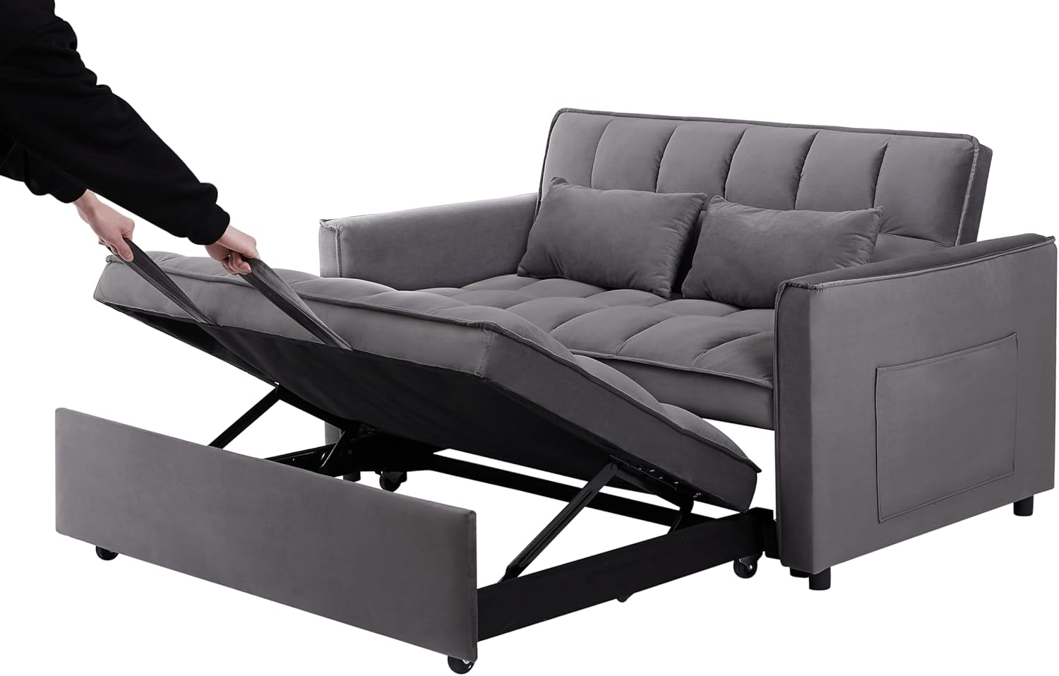 3 in 1 Convertible Sleeper Sofa Bed, Futon Couches for Living Room with Side Pocket | Adjustable Backrest| Velvet Fabric | Pull Out Couch | Recliner Loveseat | Sectional Sofa, Dark Gery