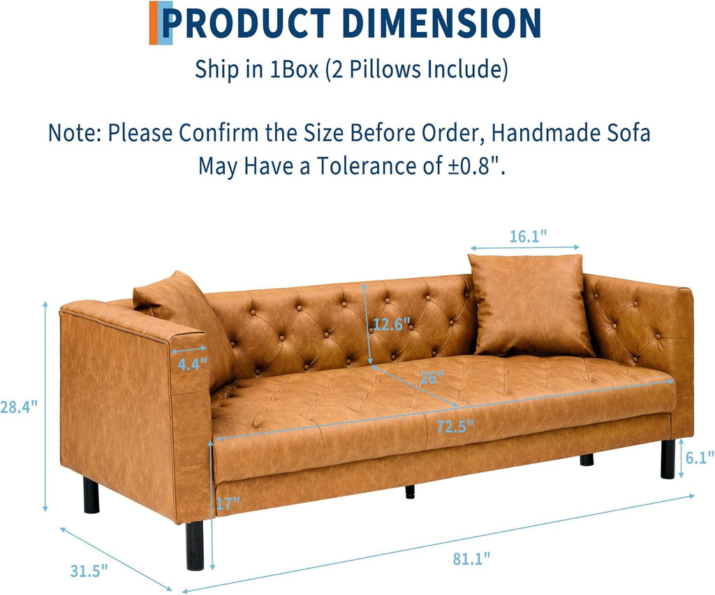 81 Inch Leather Couch for Living Room, Modern Leather Sofa with Deep Seat, Handmade Button Tufted 3 Seater Sofa, Chesterfield Couch for Apartment, Office, Cognac Tan