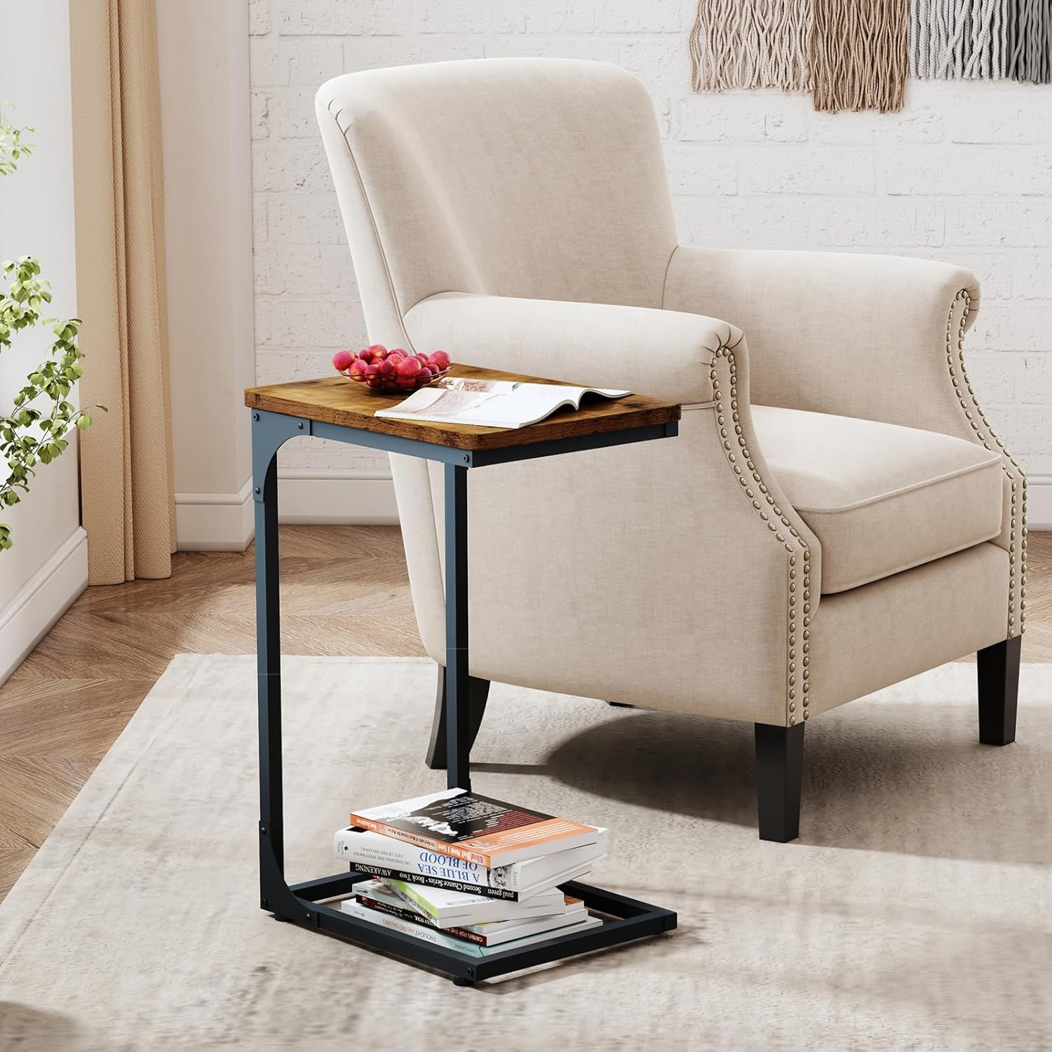 QEEIG C Shaped Side Table Set of 2 Living Room Sets Couch Tray Tables Small Farmhouse 11.8 inch Width, Rustic Brown (017A-30BN)