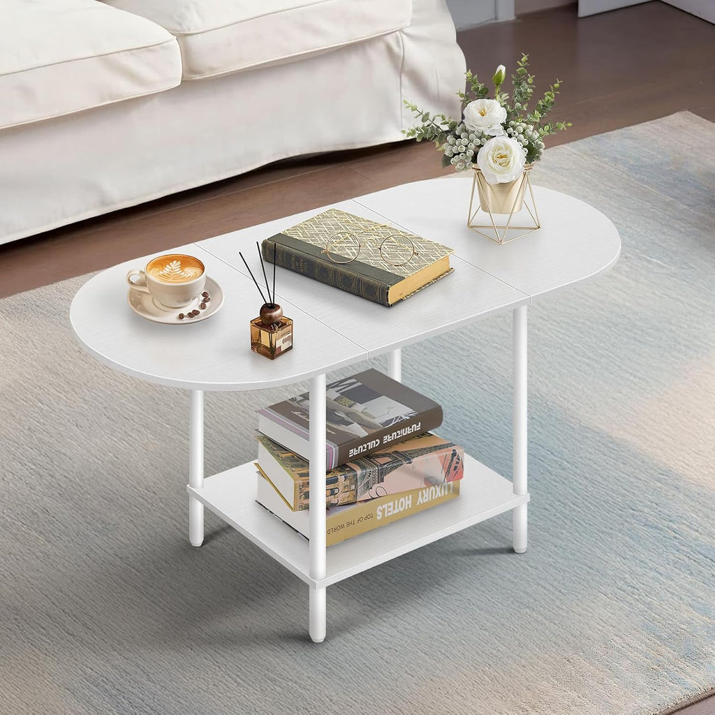 White Coffee Tables for Living Room,Mid Century Oval Center Table with Storage Shelf and Wood Tabletop,2-Tier Modern Narrow Cocktail Tea Table for Small Space,Small Apartment