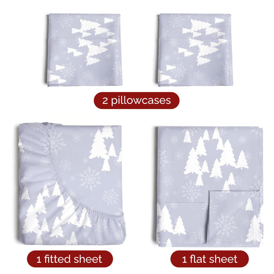 King Christmas Tree Sheet Set - Holiday Xmas Pattern Linen Set - Deep Pockets - Snug Fit - 4 Piece - Wrinkle Free - Comfy & Cooling Festive Winter Bedding - Easy To Care For - Kid Friendly