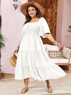 SCOMCHIC Women's Plus Size Flowy Maxi Dress Flutter Short Sleeve Boho Dress Square Neck Smocked Formal Dresses for Women White