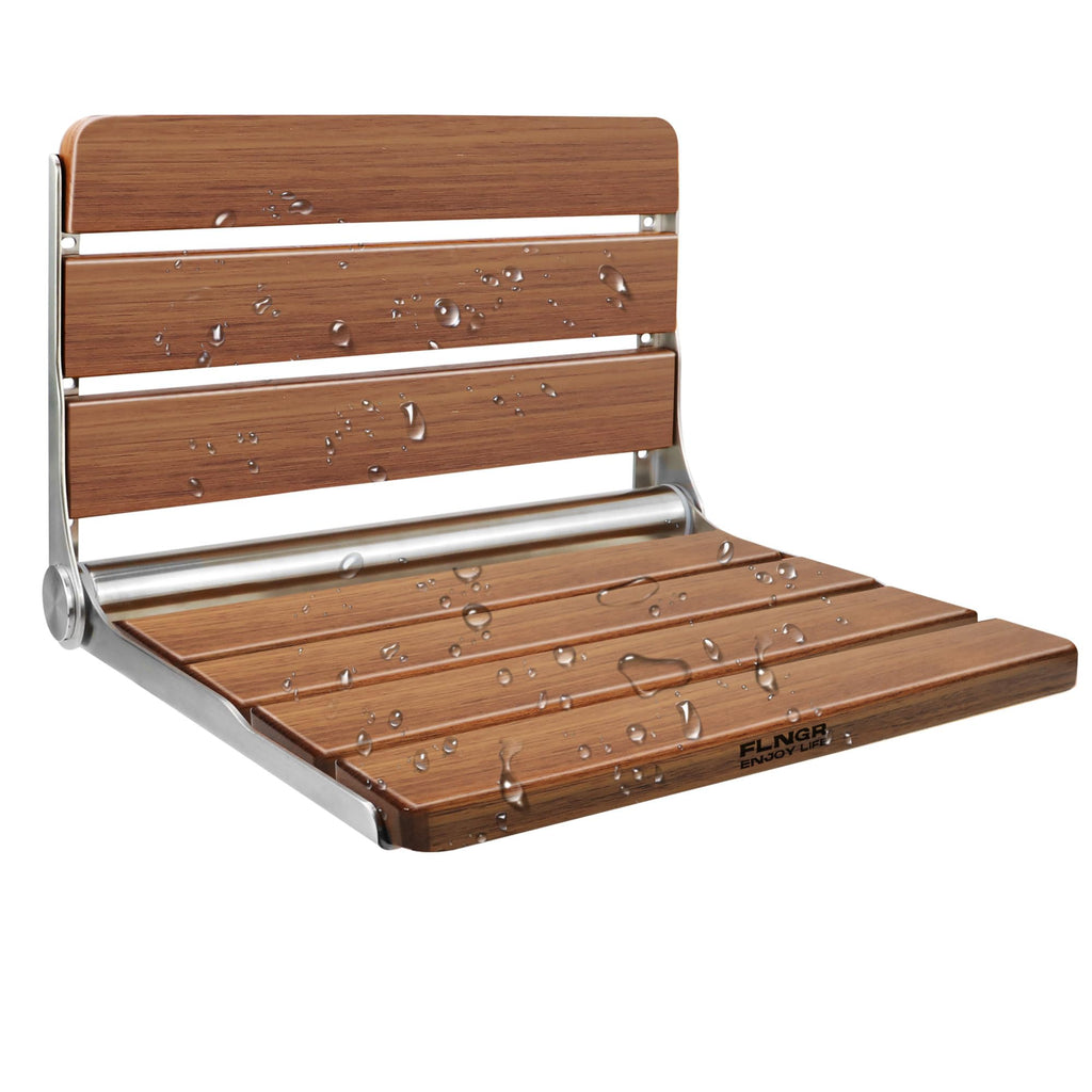18 inch Teak Folding Shower Seat Wall Mounted, Foldable Shower Bench, 400lbs Max Load, Space-Saving Fold Down Design for Seniors, Elderly & Small Shower Spaces