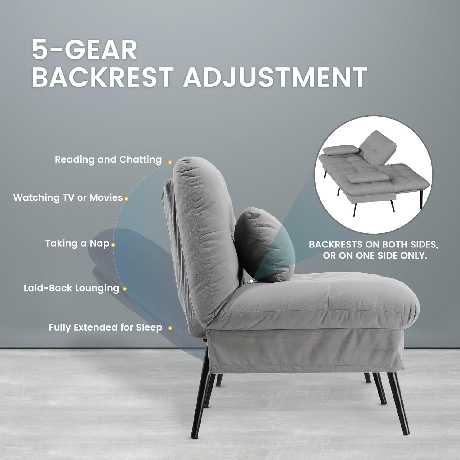 COMHOMA Convertible Futon Sofa Bed, 68″Fabric Futons Couch with Adjustable Backrest, Folding Sleeper Recliner for Living Room Furniture (Grey)