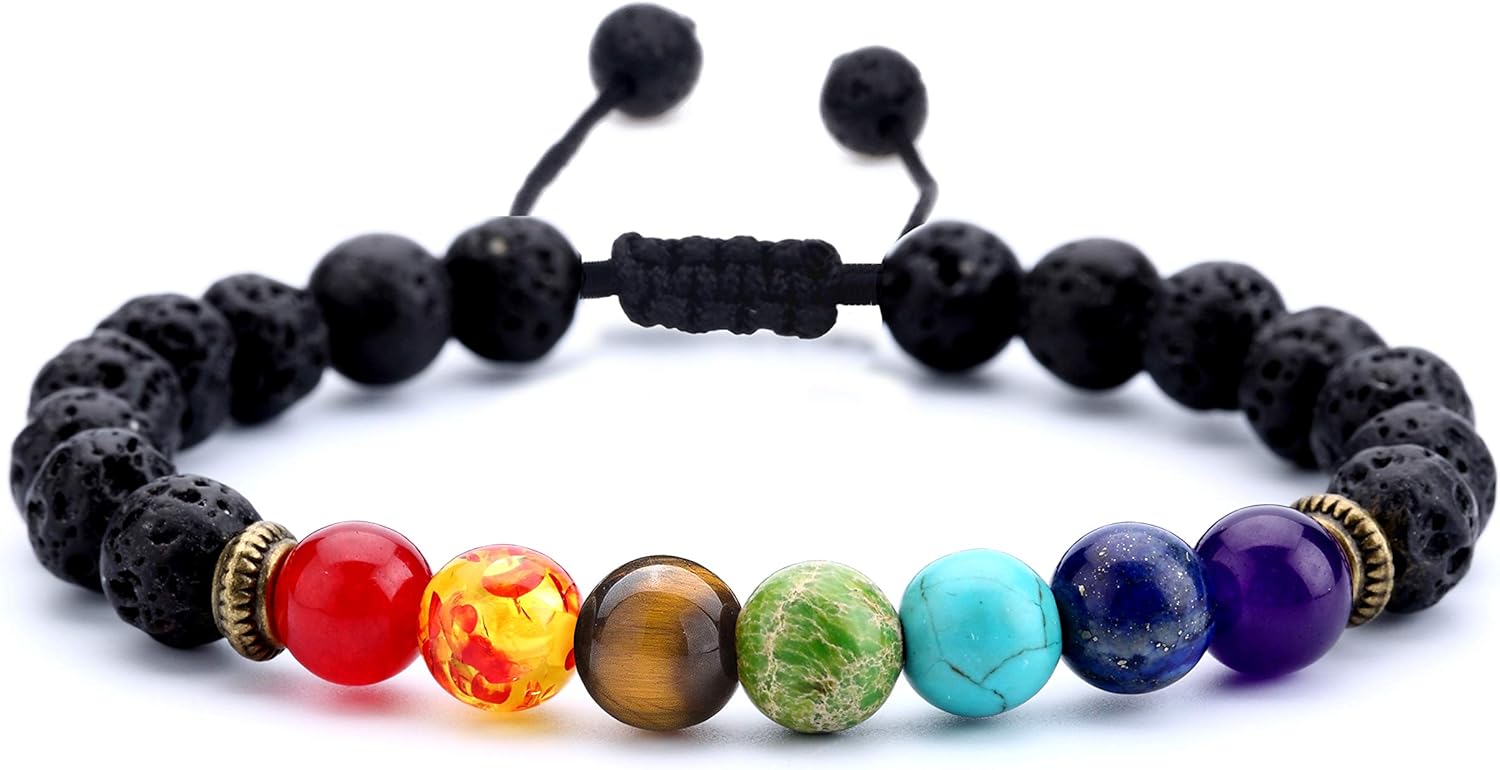Hamoery Men Women 8mm Lava Rock Beads Chakra Bracelet Braided Rope Natural Stone Yoga Bracelet Bangle
